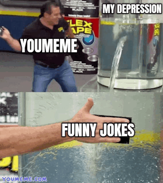 a picture of a man dancing next to a picture of a hand holding a piece of flex tape that says funny jokes