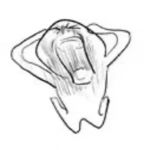 a black and white drawing of a person holding their head with their hands .