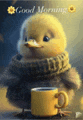 a yellow duck wearing a sweater and scarf is standing next to a yellow cup of coffee .