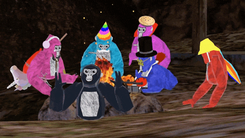 a group of gorillas are gathered around a fire wearing party hats and top hats