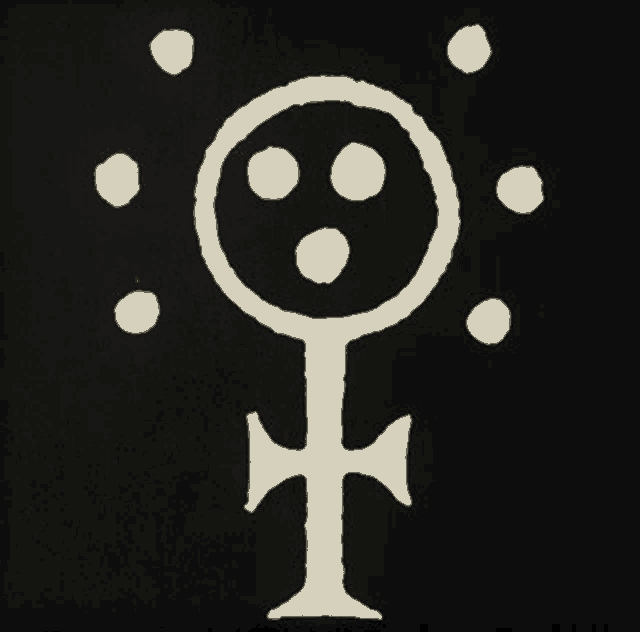 a white symbol on a black background with circles and a cross in the middle