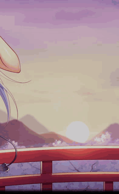 a girl with long blue hair is standing on a bridge overlooking a sunset