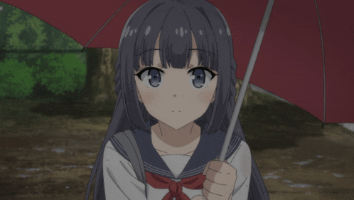 a girl in a school uniform is holding a red umbrella in the rain