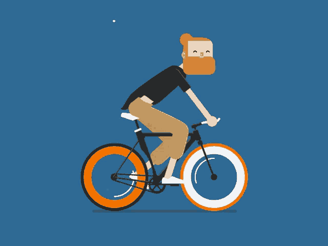 a man with a beard is riding a bicycle with orange wheels