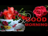 a cup of flowers with a heart and the words good morning on the bottom