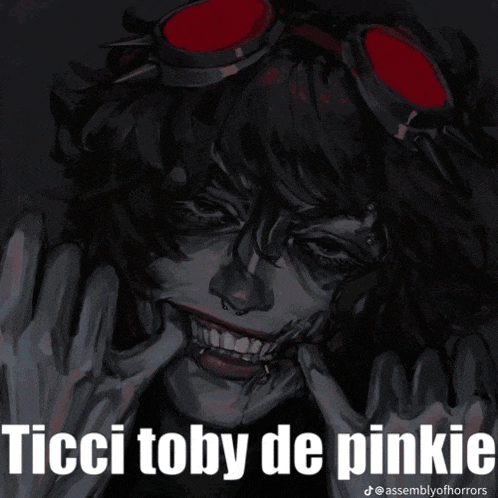 a drawing of a person with goggles and the words ticci toby de pinkie