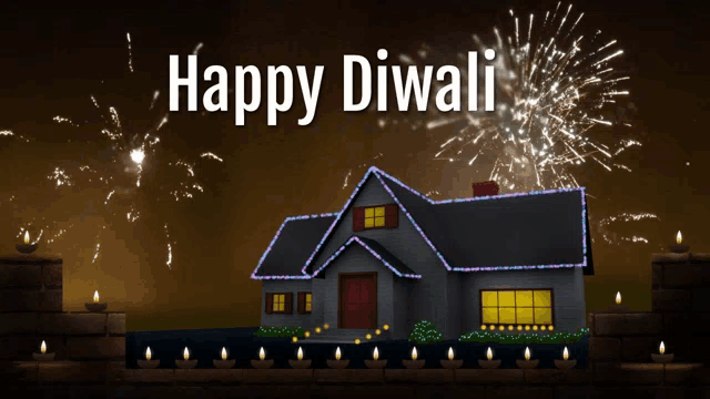 a happy diwali greeting card with fireworks and a house