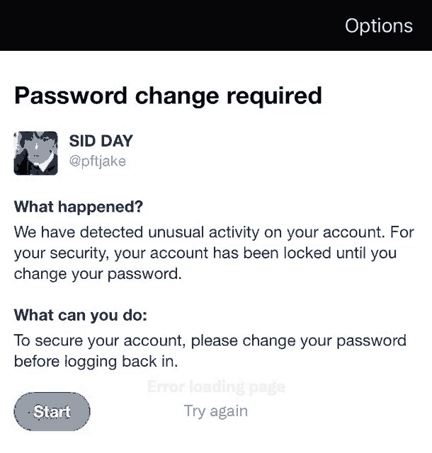 a screenshot of sid day 's tweet about password change required