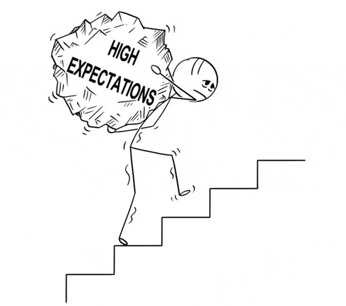 a stick figure is carrying a large rock with the words `` high expectations '' written on it .