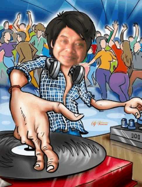 a cartoon of a man wearing headphones playing records