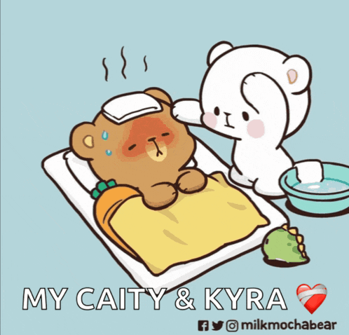 a cartoon of a bear laying on a bed with the words my caity & kyra