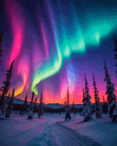 a painting of the aurora borealis over a snow covered forest