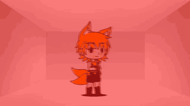 a cartoon character with a fox tail is standing in a room