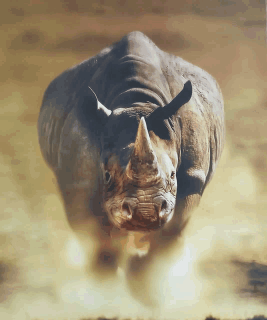 a rhino is running through a dirt field