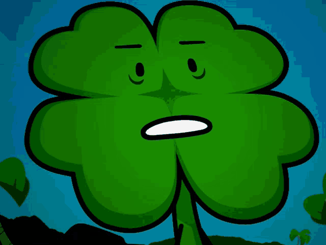 a cartoon drawing of a four leaf clover with a surprised face