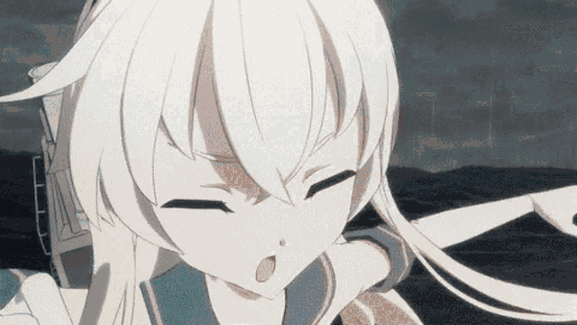 a close up of a girl with white hair and a blue sailor uniform