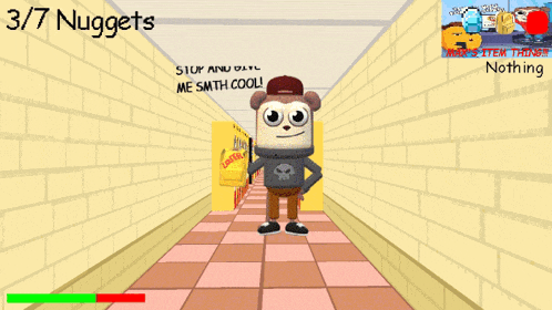 a cartoon character is walking down a hallway with the words nuggets written on the wall