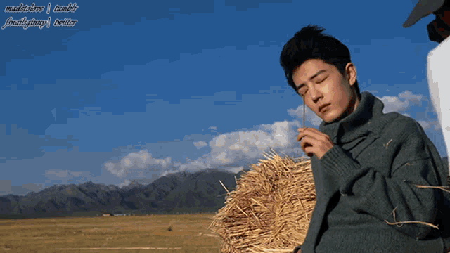 a man in a green sweater is standing next to a pile of hay with mountains in the background ..