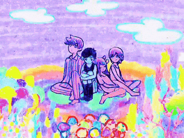 a painting of a family sitting on top of a hill with a purple sky in the background .