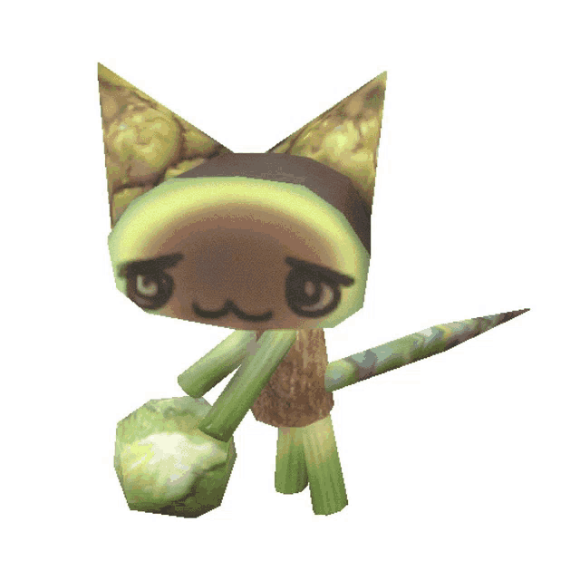 a cartoon cat is holding a cabbage and has a sad face