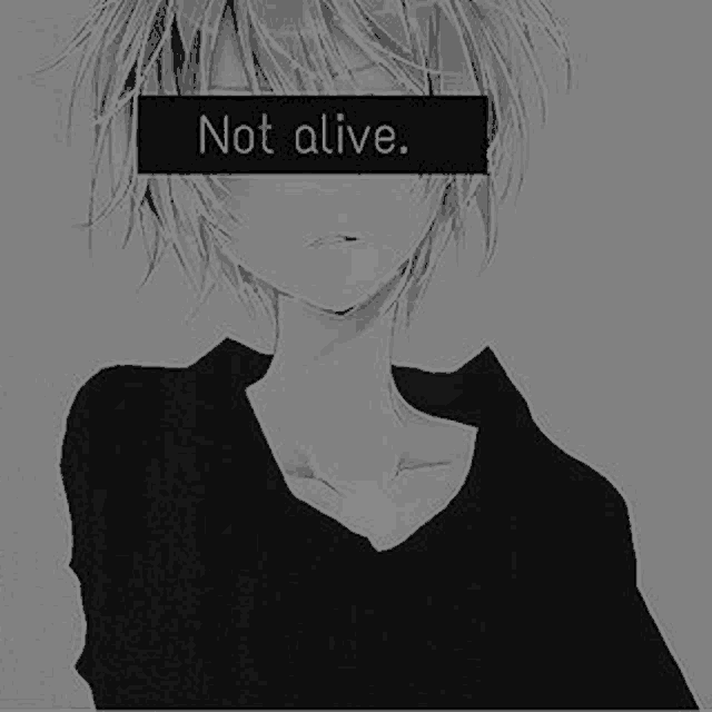 a black and white drawing of a boy with a sign that says `` not alive '' .