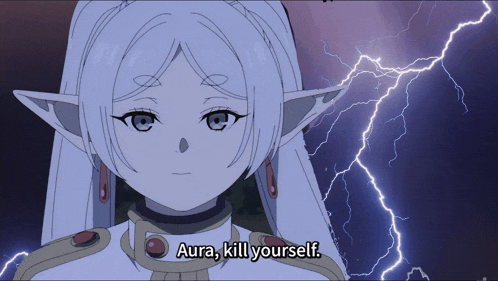 a cartoon character says aura kill yourself in front of a lightning storm