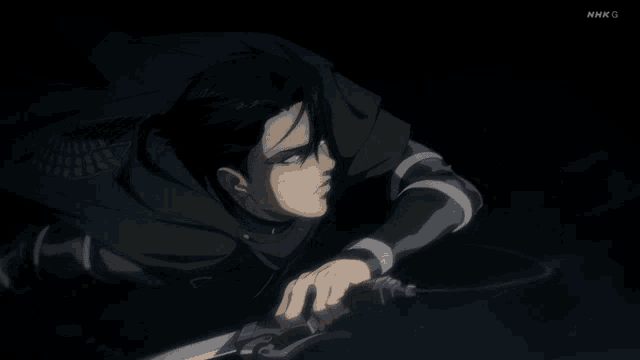 a man in a cape is holding a sword in a dark room with nhk g on the bottom right