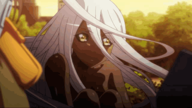 a girl with long white hair is looking at something