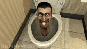 a man 's head is sticking out of a toilet bowl in a bathroom .