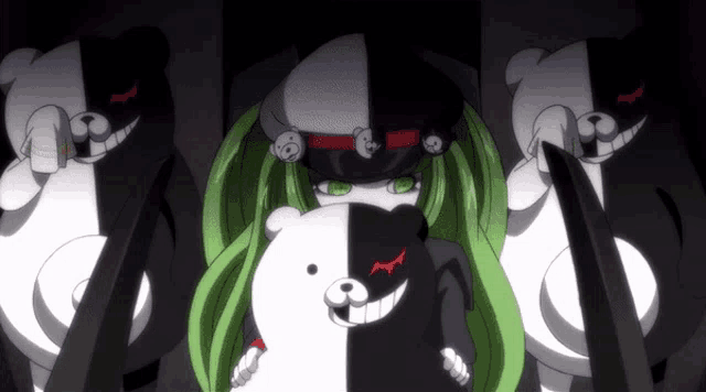 a girl with green hair is holding a black and white teddy bear in her hands