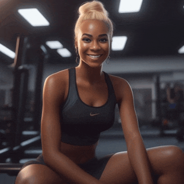 a woman wearing a black nike sports bra sits on a bench