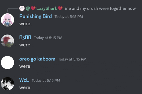 a screenshot of a discord conversation between lazyshark and punishing bird