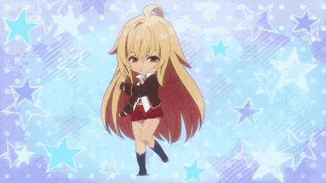 a little girl with long blonde hair is dancing in front of a purple background with stars .