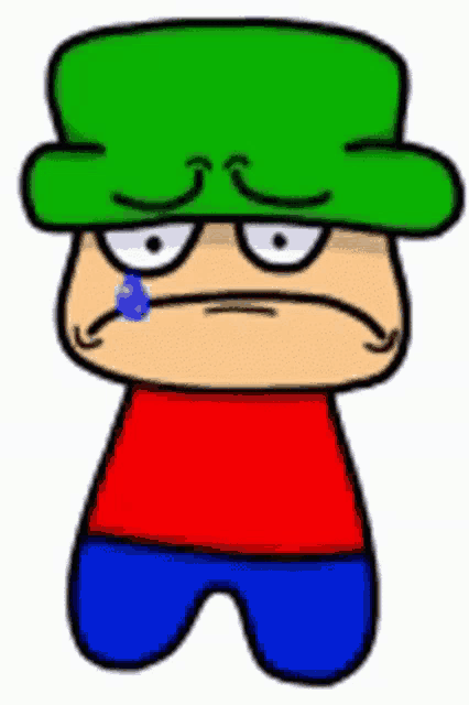 a cartoon character is wearing a green hat and a red shirt and is crying .