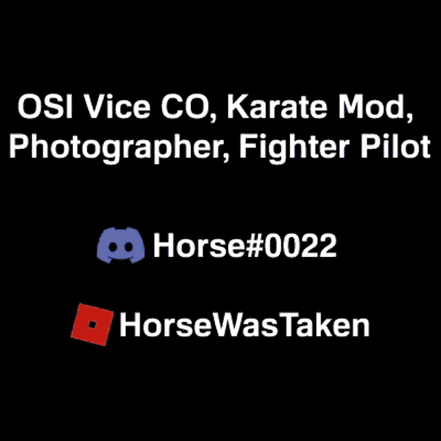 a black background with white text that says osi vice co karate mod photographer fighter pilot horse # 0022 and horsewastaken