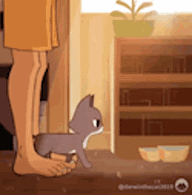 a cartoon of a person standing next to a kitten .