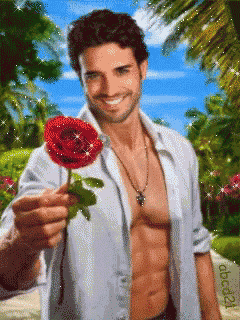 a shirtless man is holding a red rose in front of a blue sky and palm trees