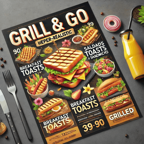 a menu for a restaurant that says grill and go