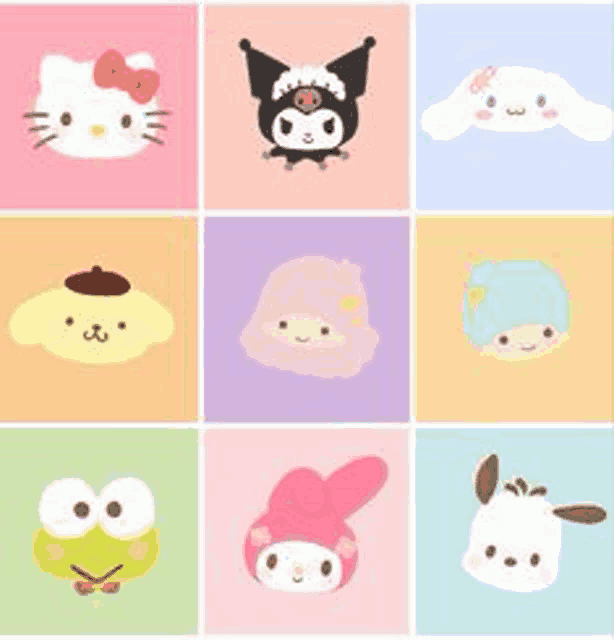 a bunch of hello kitty , kuromi , cinnamon roll , my melody , frog , and other sanrio characters