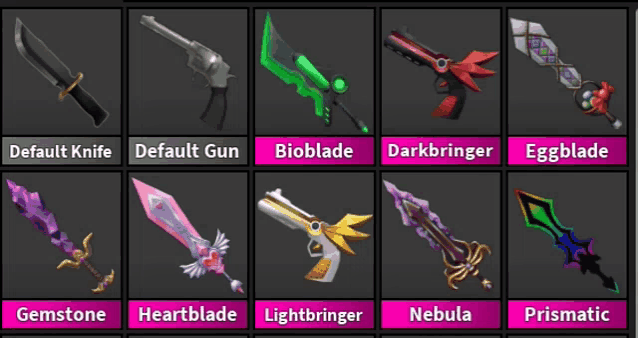 a display of weapons including default knife default gun bioblade darkbringer eggblade gemstone heartblade lightbringer nebula and prismatic