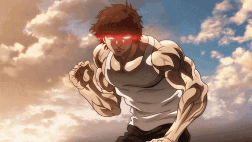 a muscular man with red eyes is running in front of a blue sky .