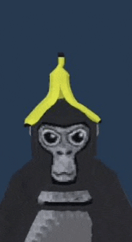 a gorilla with a yellow banana on its head