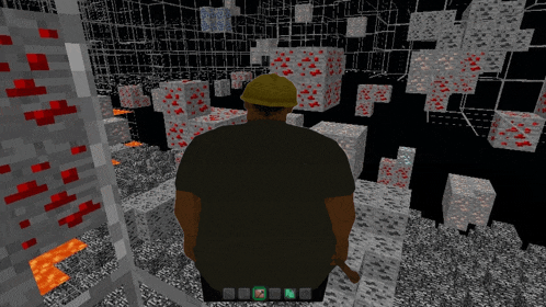 a man wearing a hard hat is standing in a minecraft game