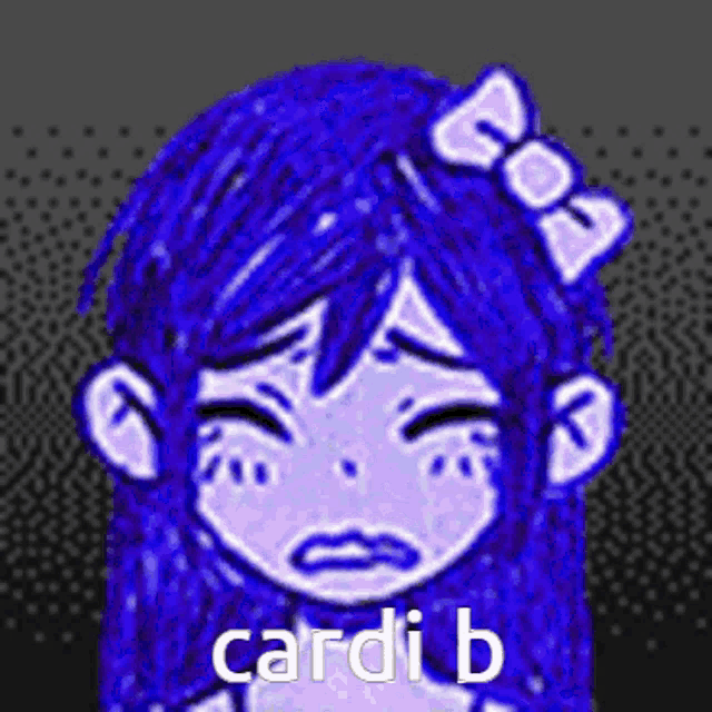 a cartoon of a girl with blue hair and a bow in her hair with the words cardi b on it .