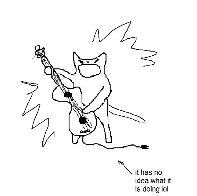 a black and white drawing of a cat playing a guitar .