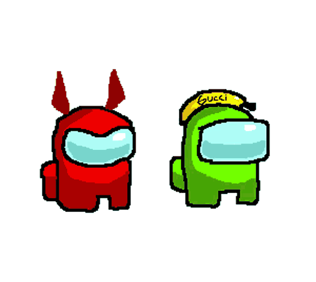 a red among us character with horns is holding a knife next to a green among us character with a gucci hat
