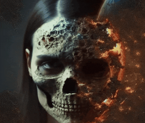 a woman with half a skull and half a burning skull