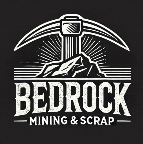 a logo for bedrock mining and scrap with a mountain and a pickaxe