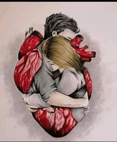 a man and a woman are hugging each other in a heart shaped drawing .