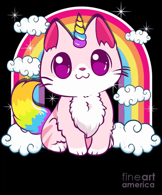 a pink cat with a unicorn horn is sitting under a rainbow